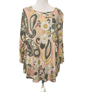 RUBY RD Women's‎ Top Blouse Pink Green Paisley Scoop Neck Qtr Sleeve Size Large